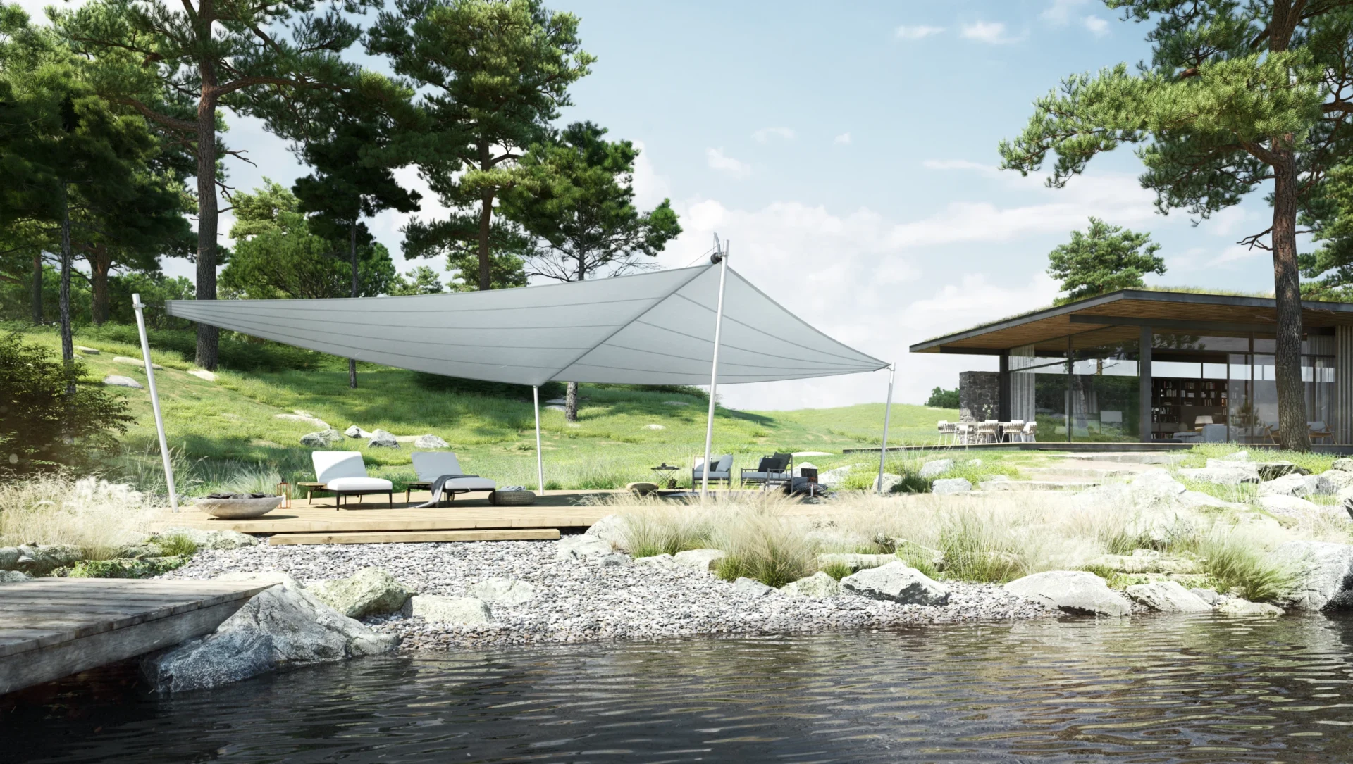 Moderner Garten mit Sonnensegel und Holzterrasse am Wasser