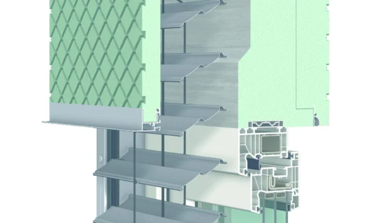 Querschnitt eines modernen Fassadenrollosystems